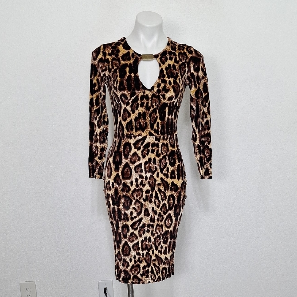 Nature Brown Tan Velvet Animal Print Mobwife Keyhole Detail Bodycon Dress Sz. M